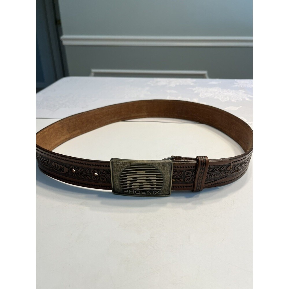 Vintage Brown Floral Embossed Leather Belt w Phoenix Bird Belt Buckle Marked 38 - Picture 4 of 14